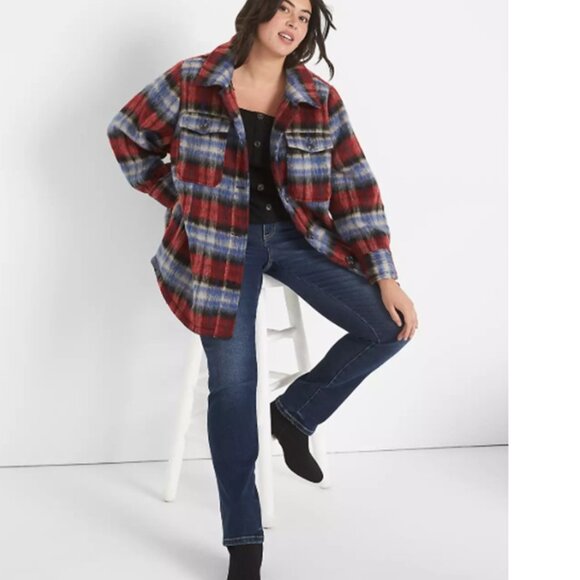 Lane Bryant Jackets & Blazers - LANE BRYANT UEC Womens Size 14/16 Red Blue Faux-Wool Plaid Belted Shacket Jacket